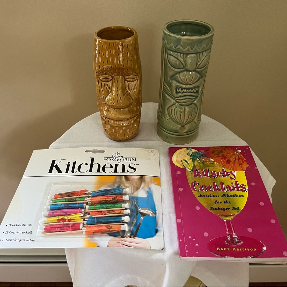 Tiki Mug Set w/ Kitschy Cocktail Recipe Book & 12 Cocktail Umbrellas